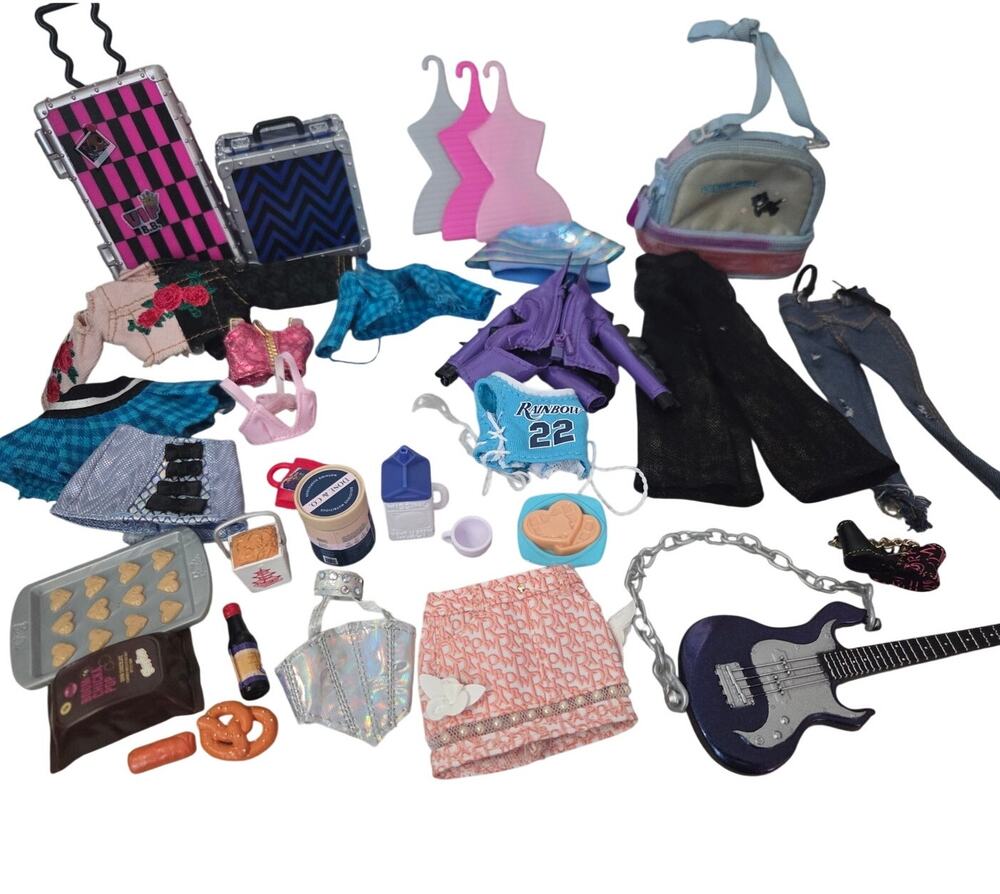 Huge 32 Pc Lot Barbie Clothing Food Guitar Rock Pants Luggage Skirt